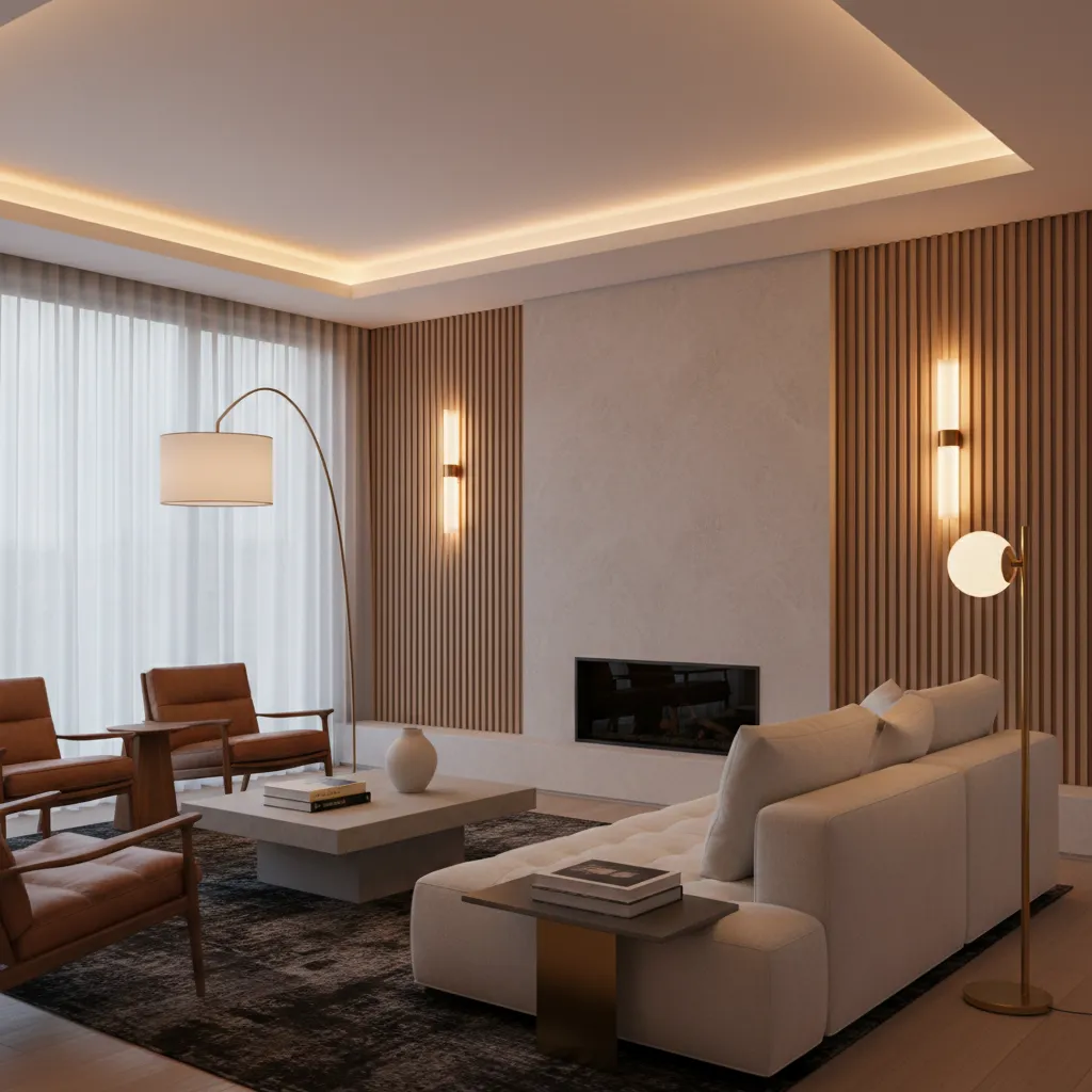 Sala con iluminación ambiental, puntual y general