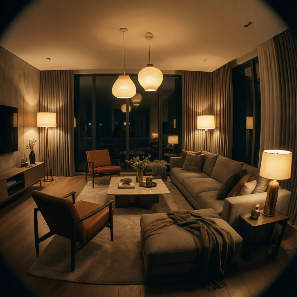 Warmly lit living room with hanging ceiling lights table lamps floor lamps sofa and armchairs