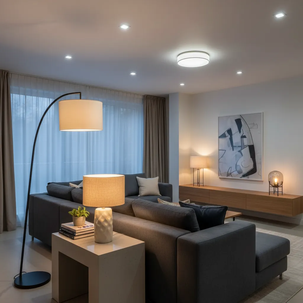Interior con iluminación ambiental, puntual y decorativa