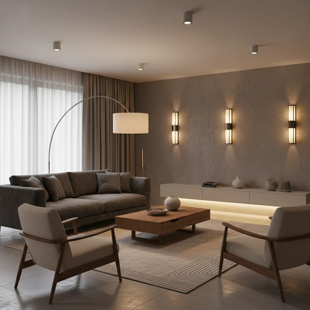 Sala de estar con iluminación ambiental, funcional y general