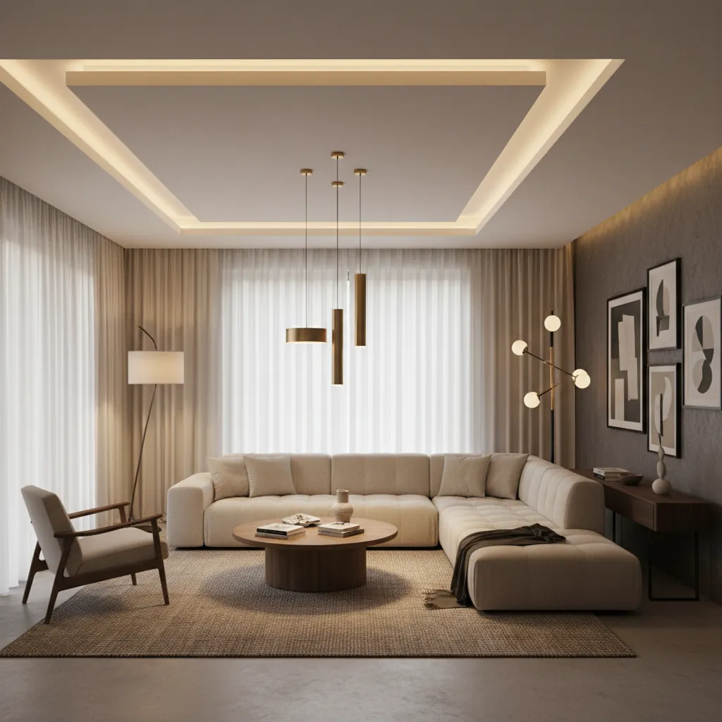 Modern living room with large beige sofa, round coffee table, wall lights, and warm ceiling light