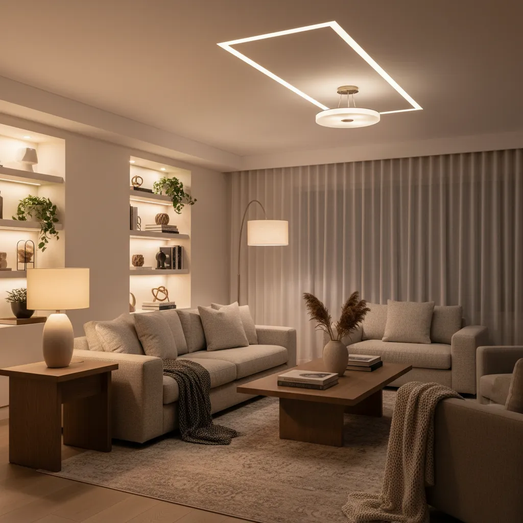 Modern living room with grey sofa, floor lamp, table lamp, ceiling light, and warm shelving