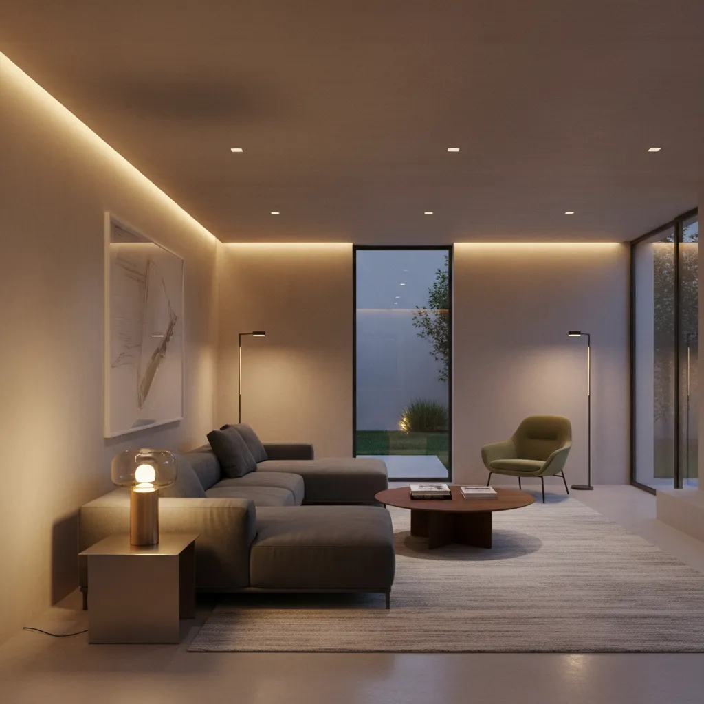 Salón moderno mostrando diferentes capas de iluminación interior