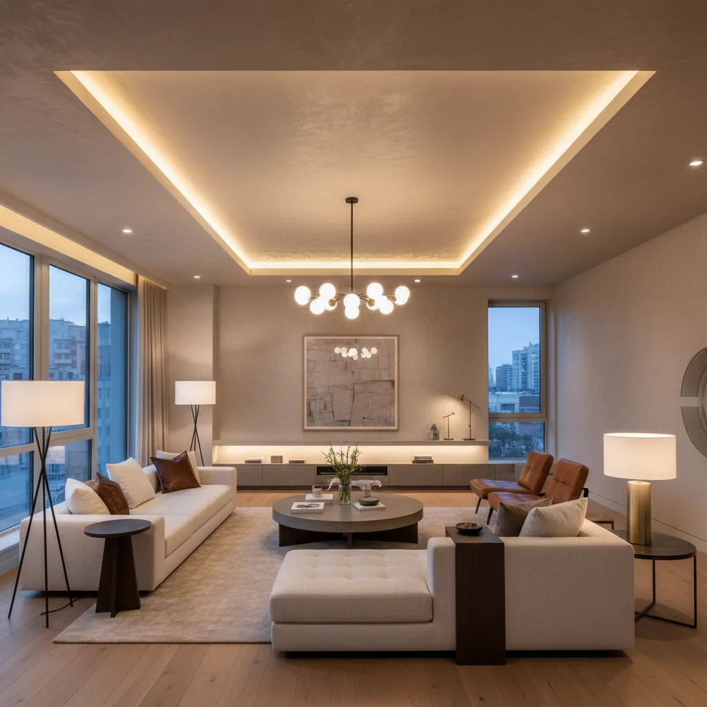 Modern living room with ceiling light white sofas round coffee table and warm hidden lights