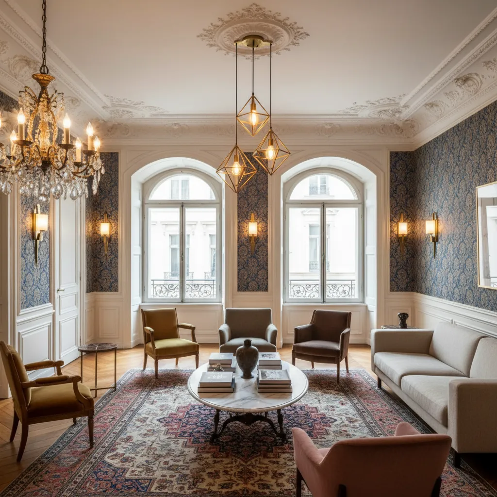 Elegant room with blue wallpaper white wall panels patterned rug marble table and ceiling lights
