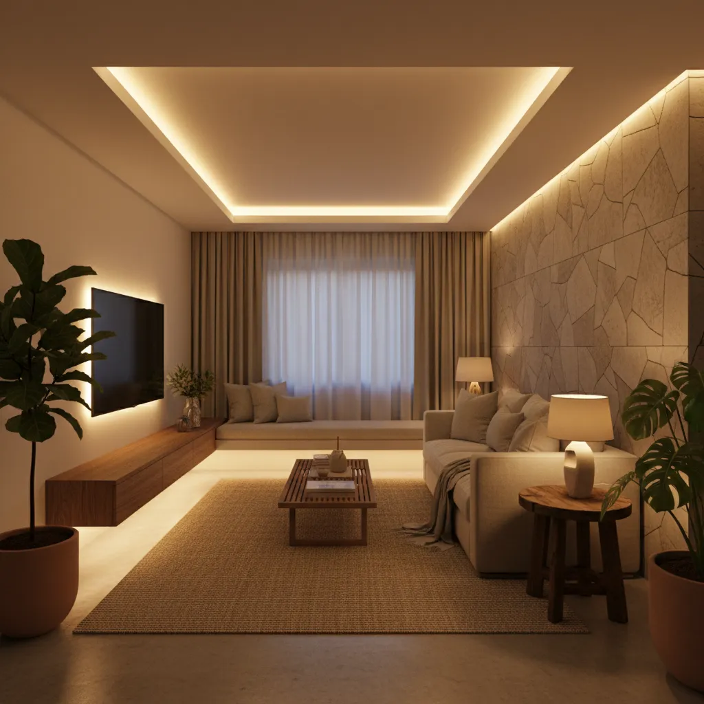 Sala pequeña con iluminación indirecta y luz natural