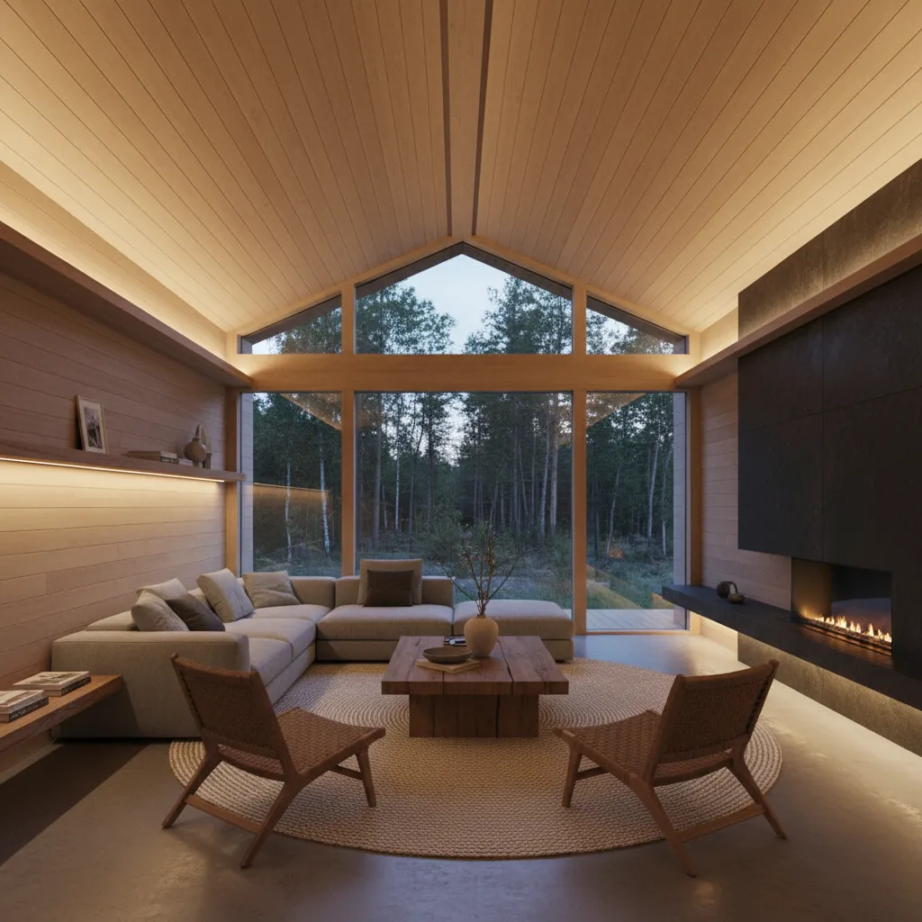 Iluminación indirecta en interior de casa prefabricada moderna