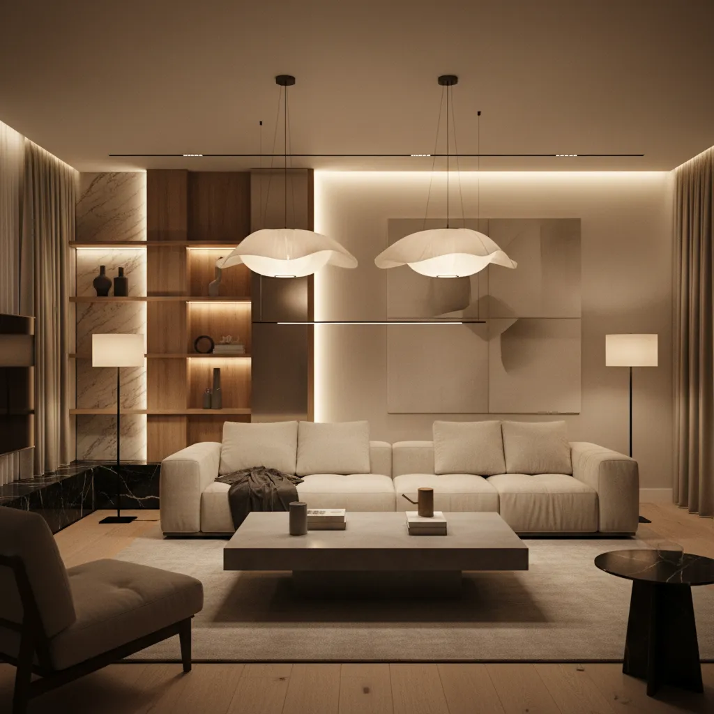 Modern living room with beige sofa, stone coffee table, two ceiling lights, and wall panels