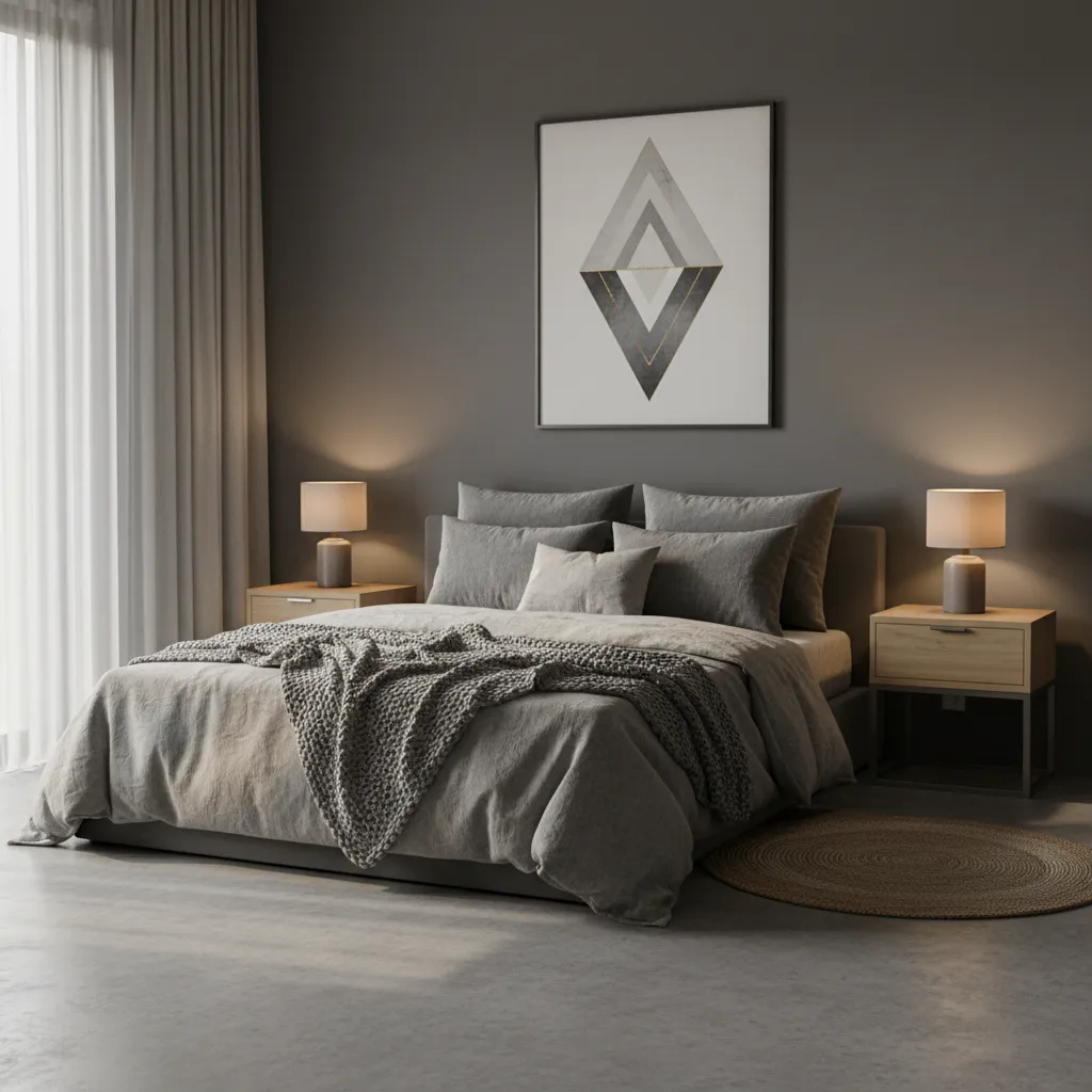Dark grey bedroom with bed, grey bedding, wood side tables, table lights, and wall picture