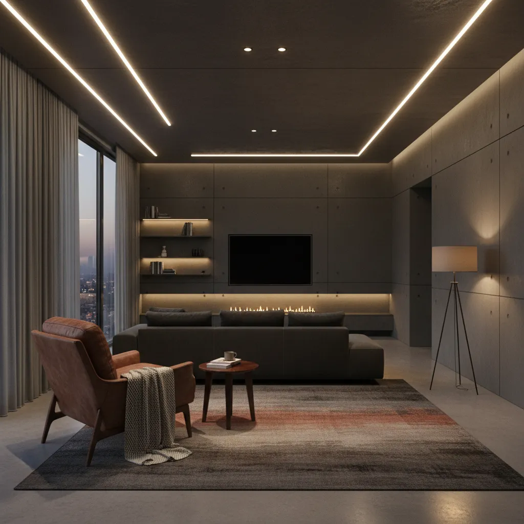 Salón gris oscuro con iluminación indirecta cálida