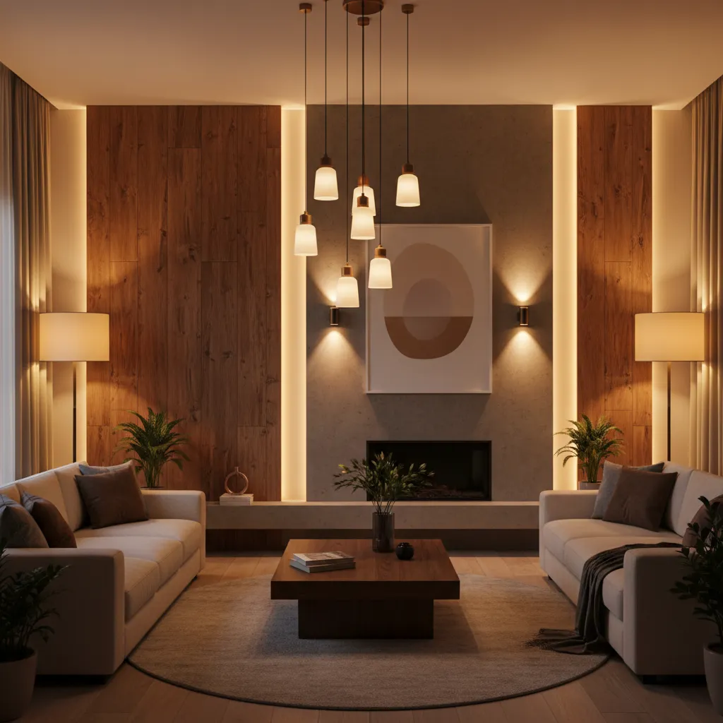 Sala de estar con iluminación ambiental, funcional y decorativa