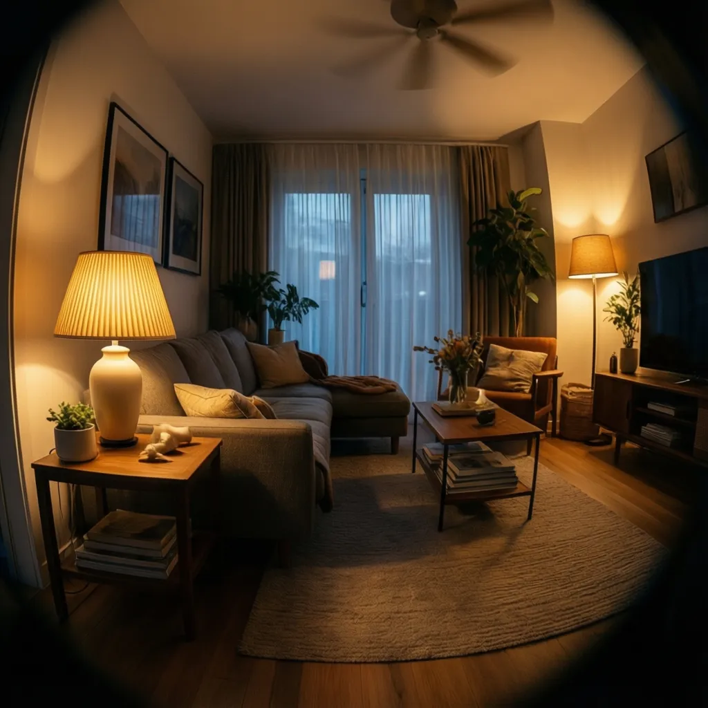 Interior de salón con iluminación ambiental cálida y lámparas decorativas