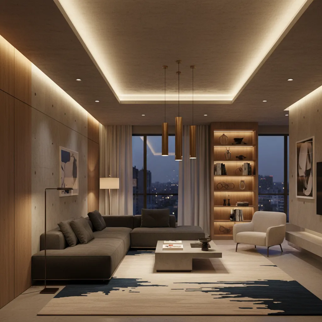 Interior moderno con iluminación ambiental cálida