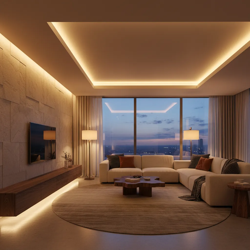 Modern living room with ceiling light and cabinet light showing city view through large windows