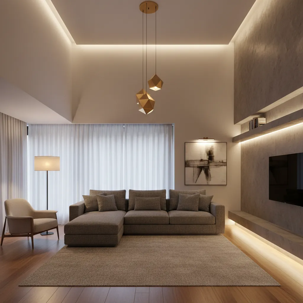 Planificación de iluminación interior con diferentes tipos de luces en una sala