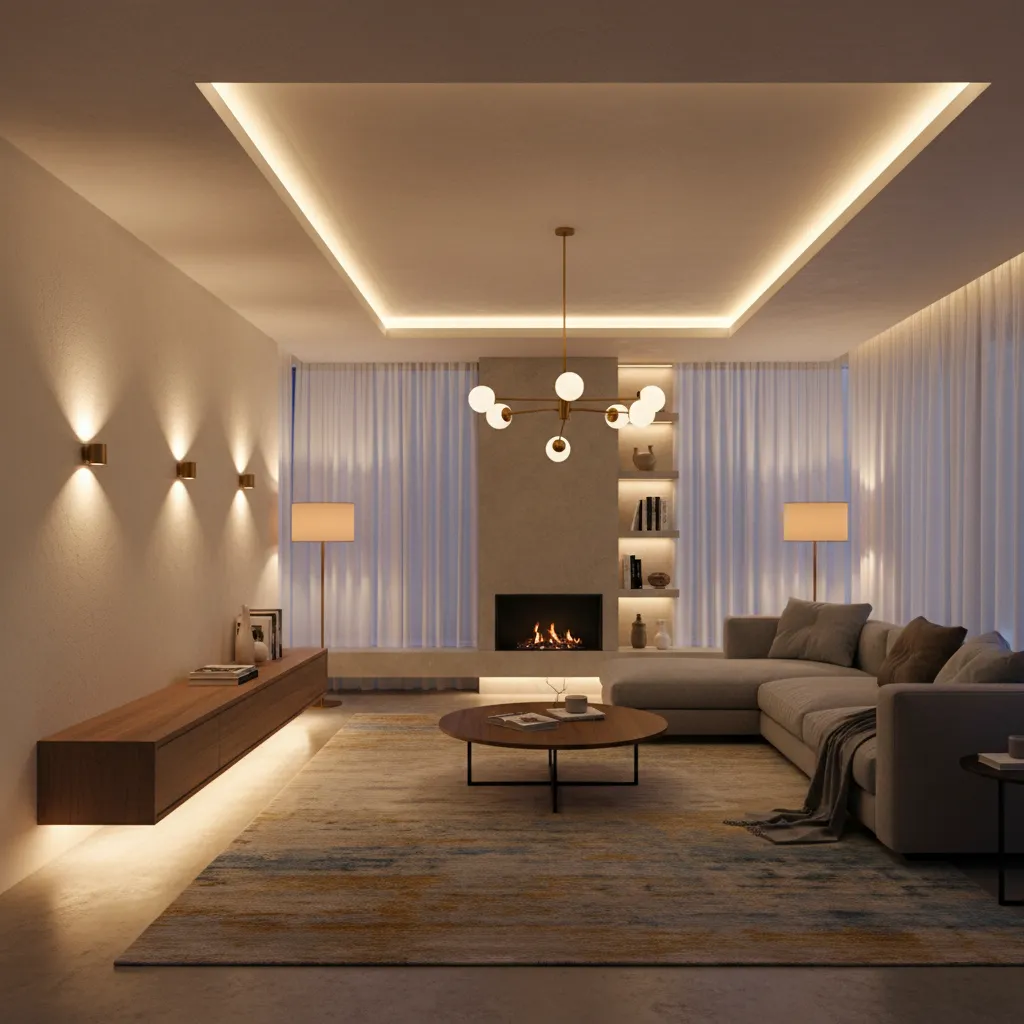 interior con iluminación en capas y ambiente cálido