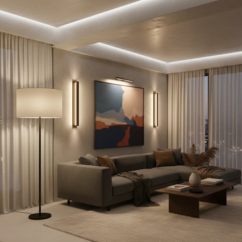 Iluminación por capas en un salón moderno