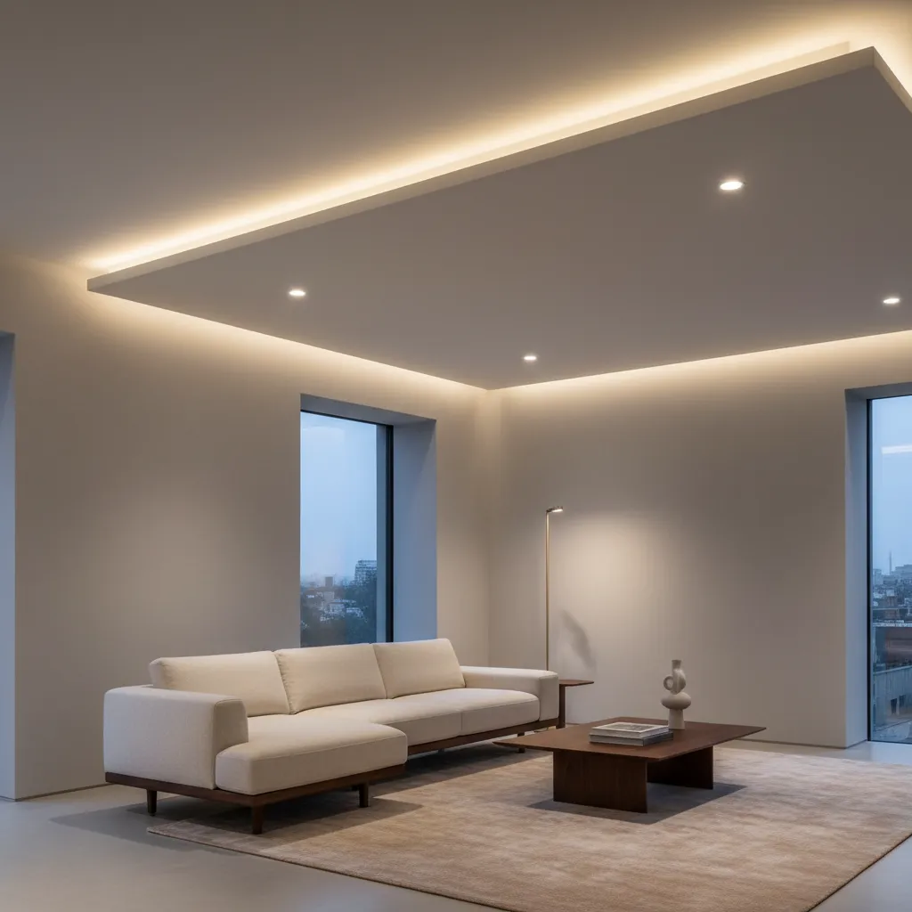 Minimalist living room with white sofa wooden coffee table beige rug and hidden ceiling light