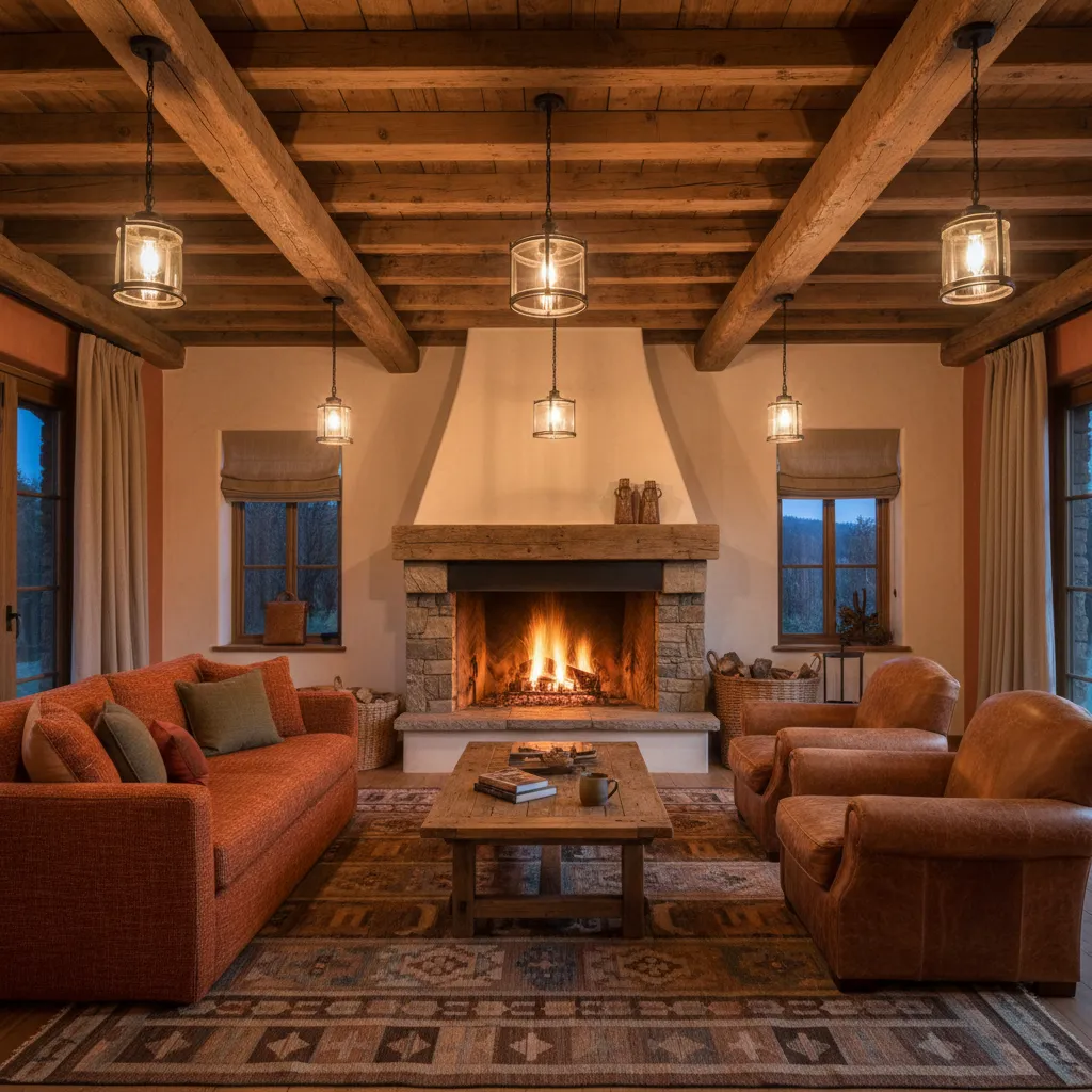 Iluminación cálida en un interior rústico con madera y textiles