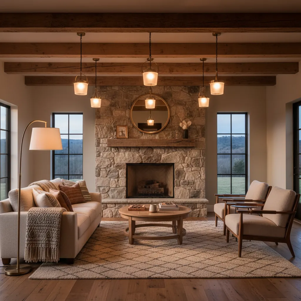 Warm living room featuring stone fireplace ceiling lights floor lamp sofa chairs and large rug