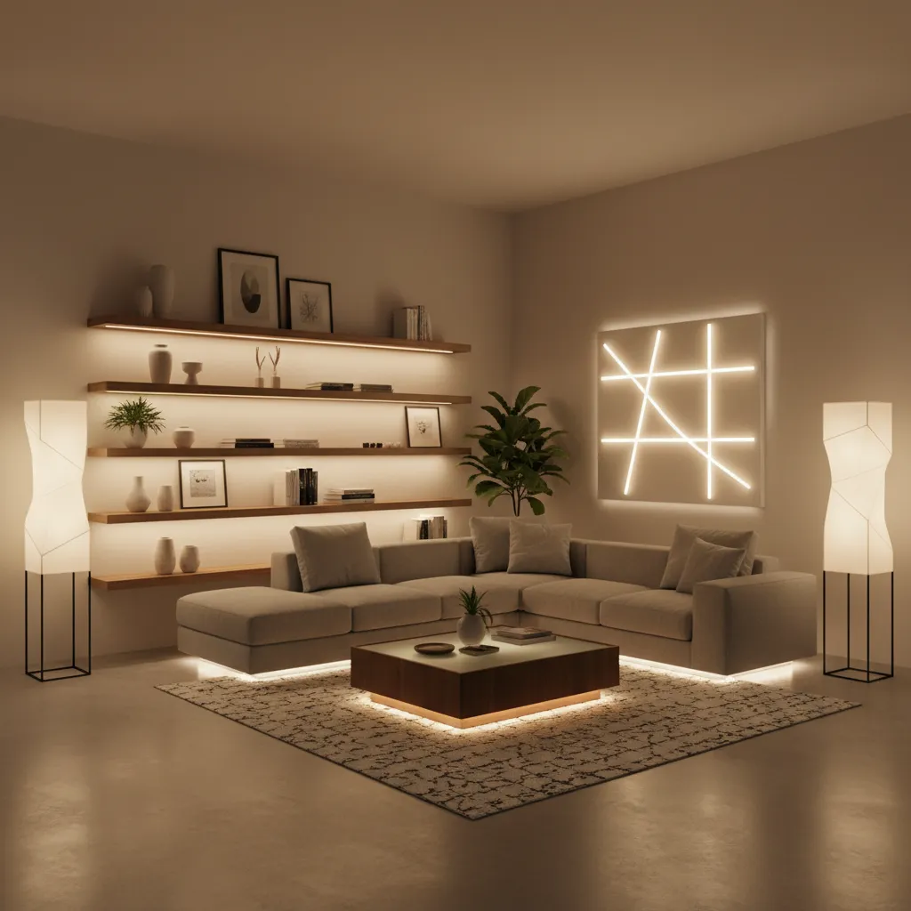 Salón moderno con iluminación LED indirecta en muebles