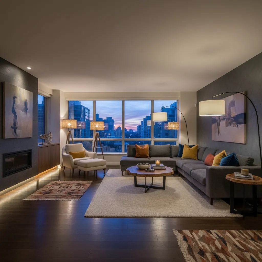 Sala iluminada con lámparas y suelo oscuro