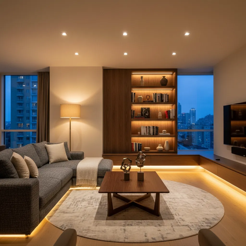Modern living room with grey sofa wooden bookshelf and city view through windows at night