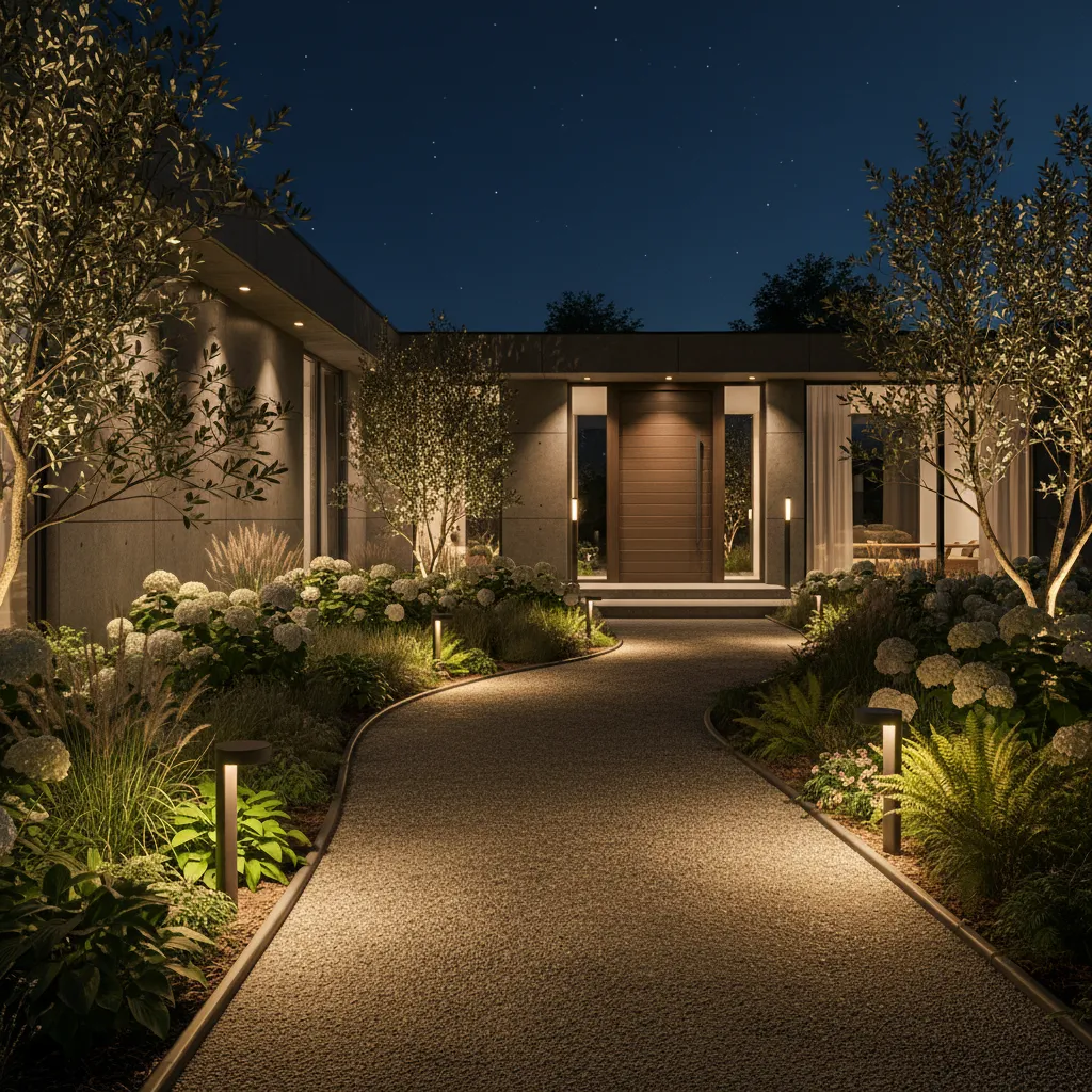 Night garden path with warm outdoor lights, white flowers, green bushes, and a wooden door