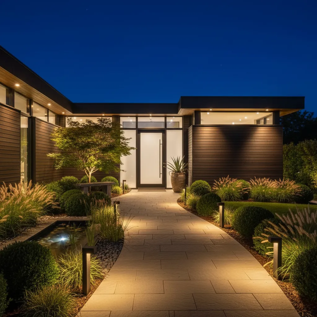 Iluminación exterior en jardín de entrada de casa por la noche