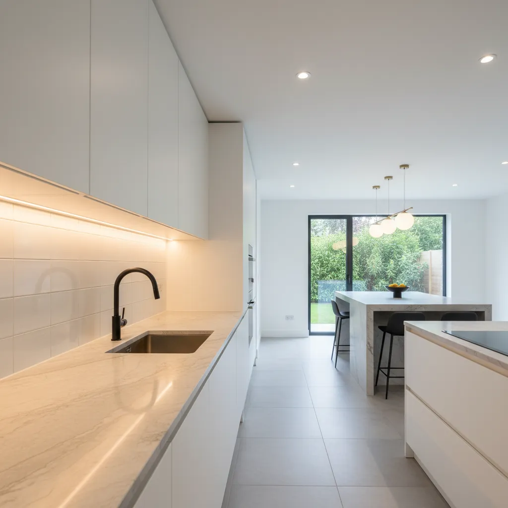 Cocina moderna con luces LED bajo muebles superiores