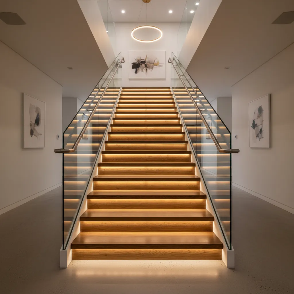 Escalera interior con iluminación LED en los peldaños