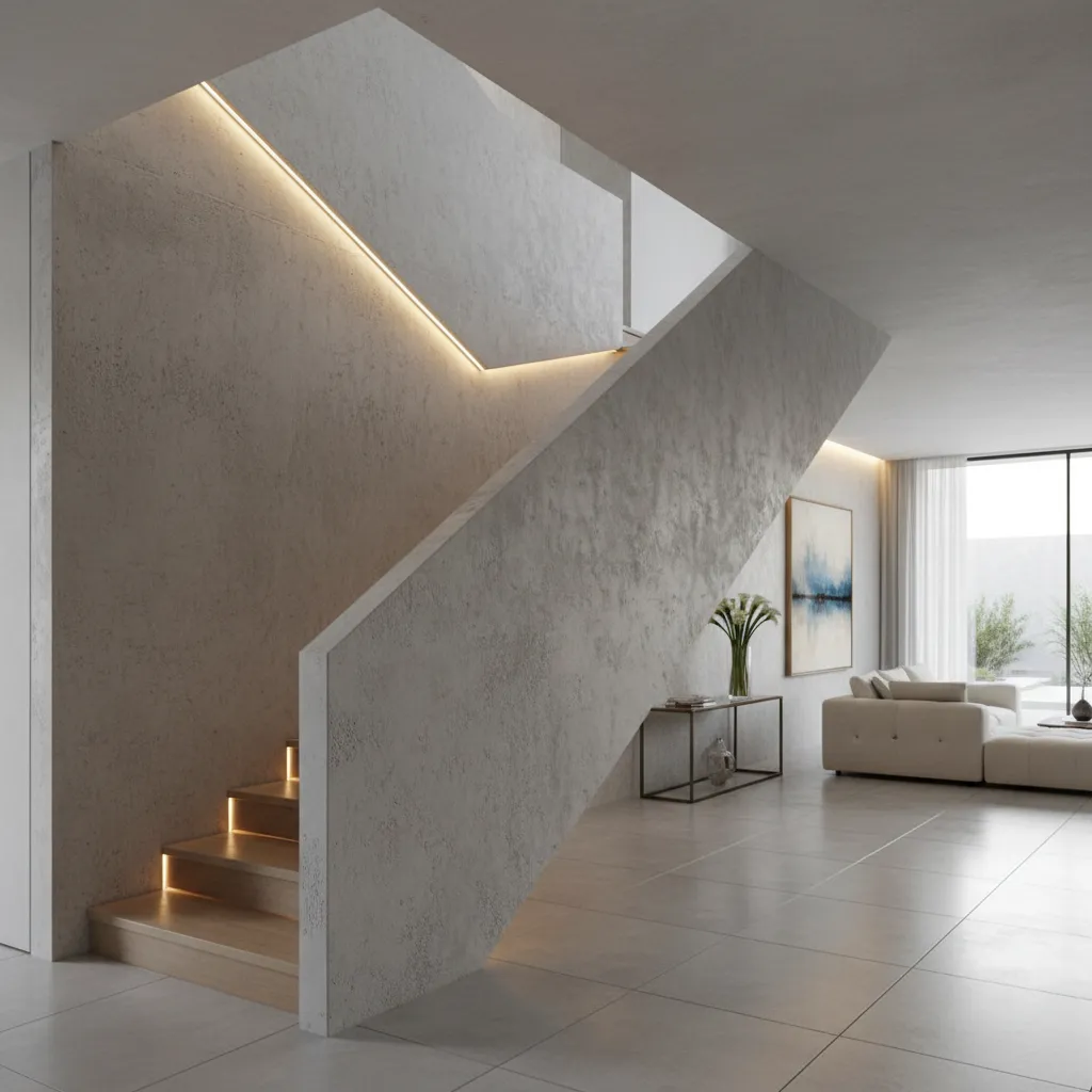 Concrete stairs with light fixture strip leading to a living room with sofa and windows