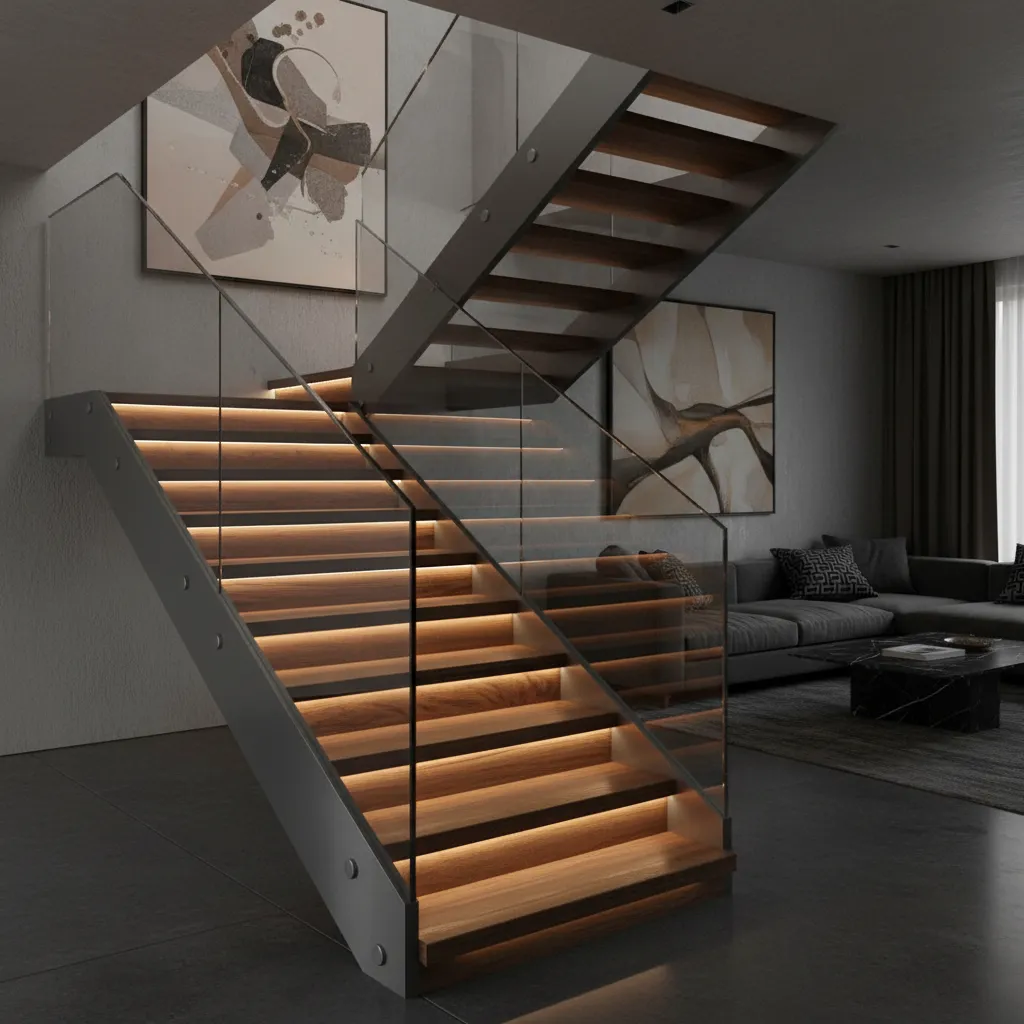Escalera interior con iluminación LED integrada en los peldaños