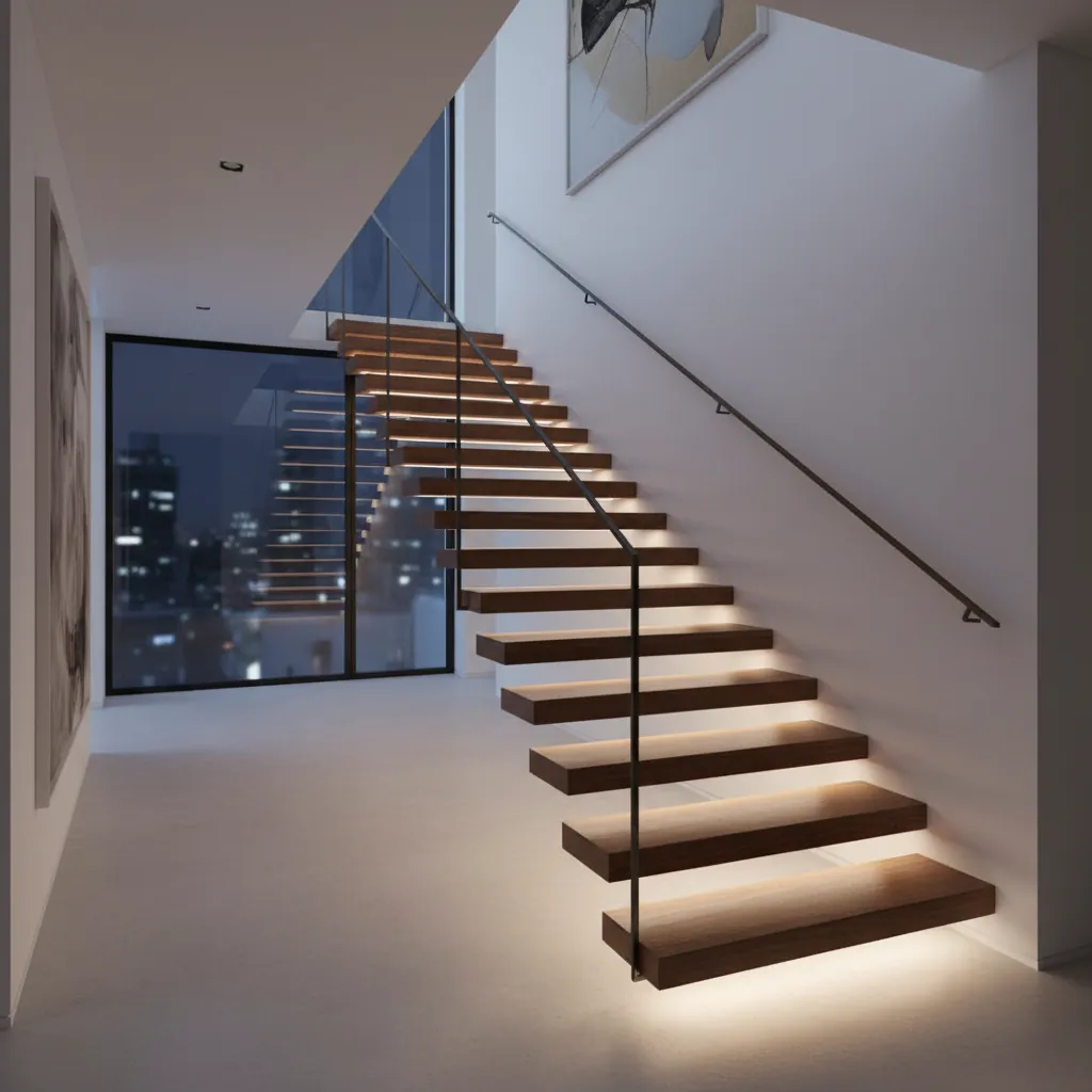 Escalera moderna con iluminación LED bajo los peldaños
