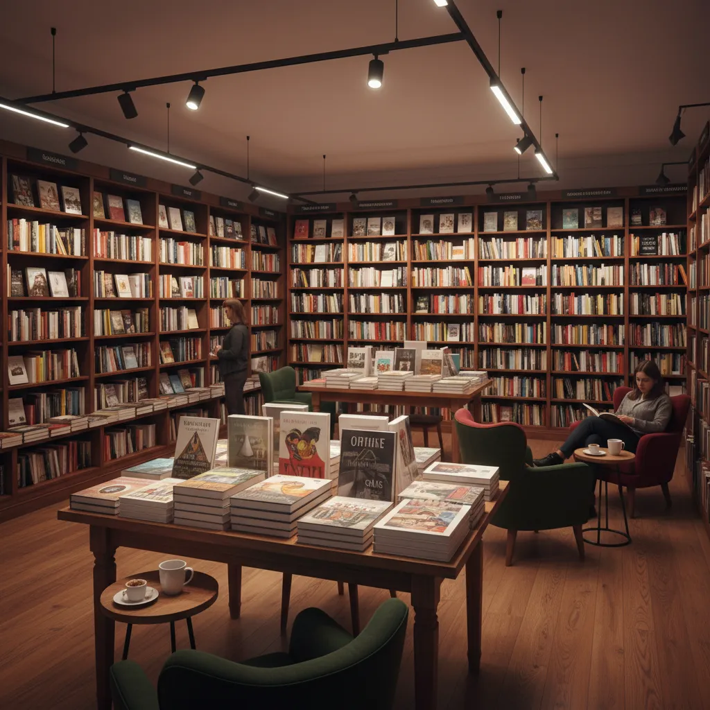 Iluminación cálida sobre mesas de libros y estanterías
