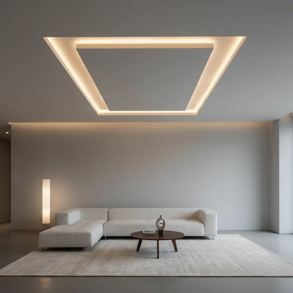 Minimalist living room with white sofa square ceiling light fixture round coffee table and rug