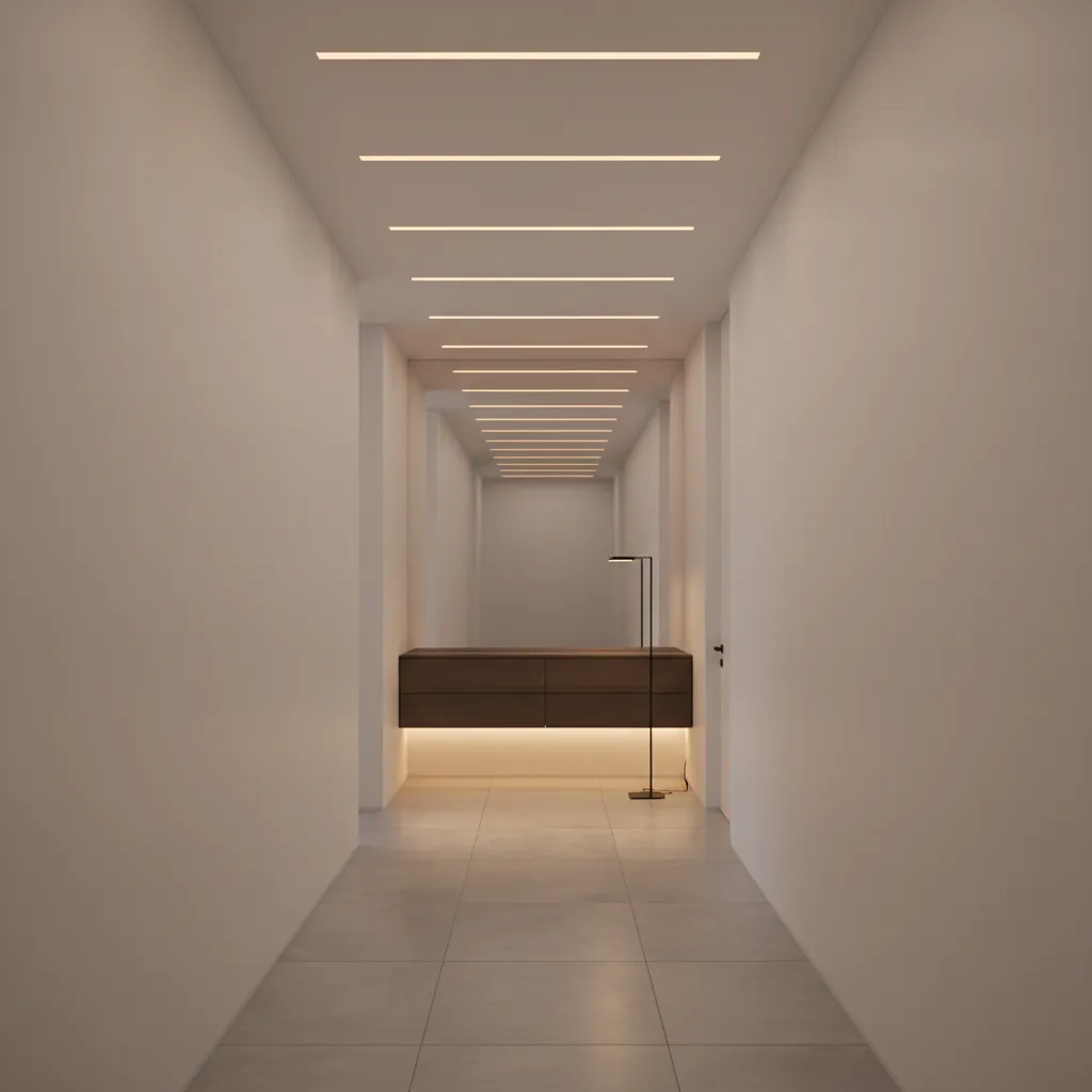 Pasillo moderno con iluminación LED lineal en el techo
