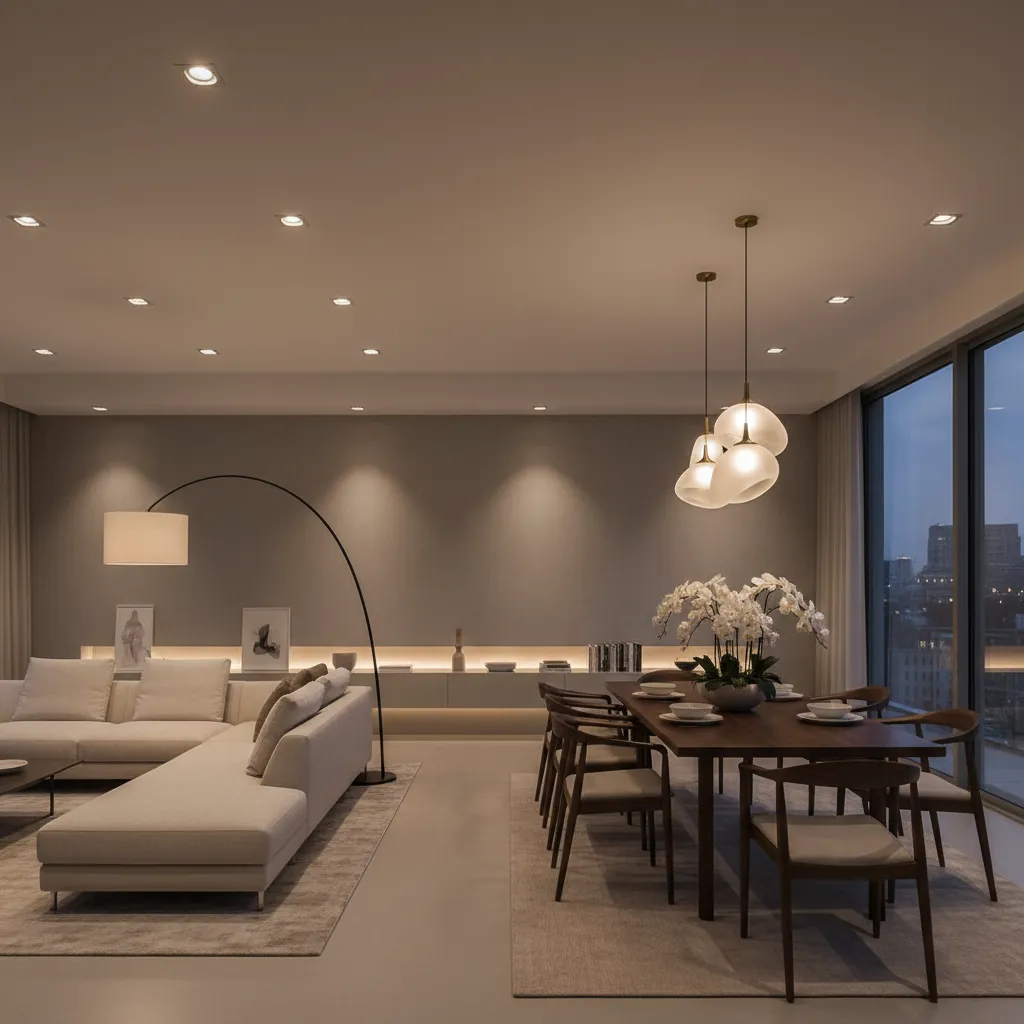 Luxury living room with large white sofa wooden dining table and warm white ceiling light