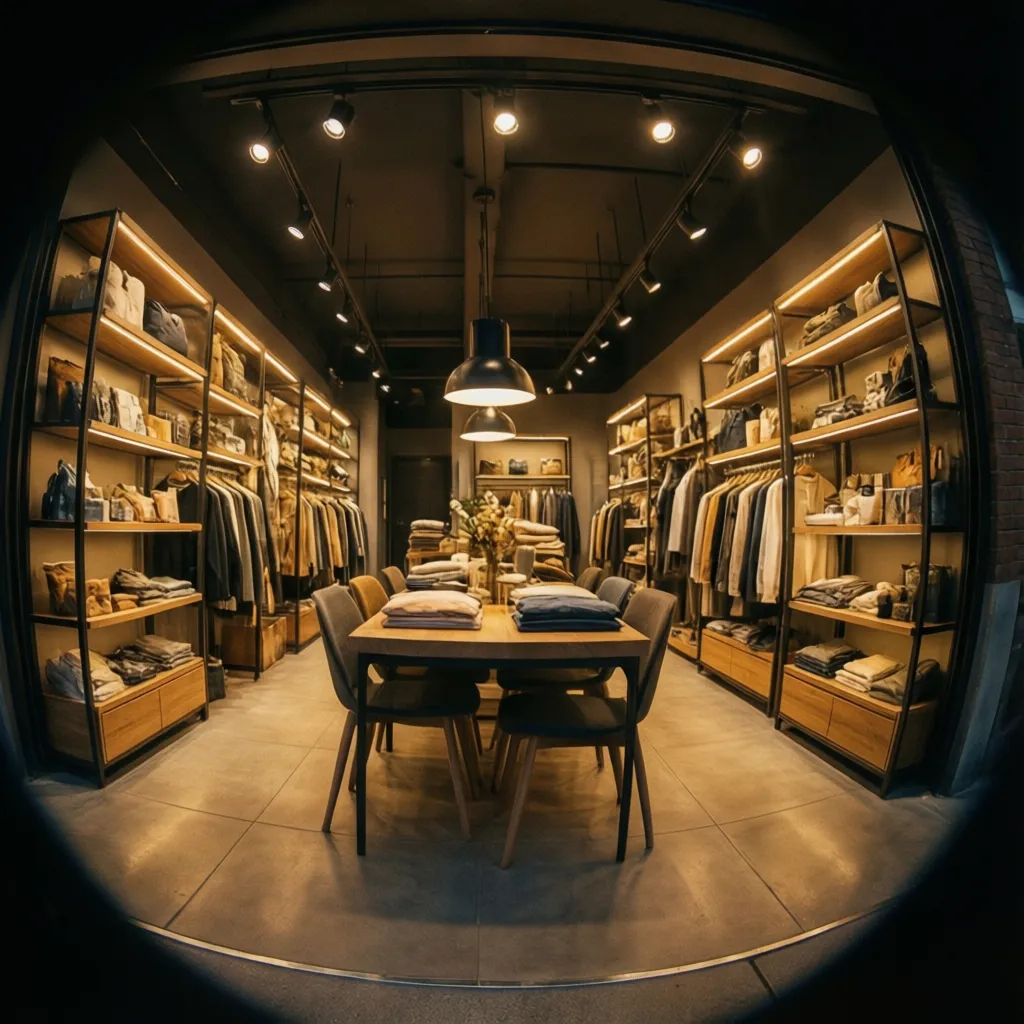 Dark clothing store interior with wooden display table chairs wall shelves and bright ceiling lights