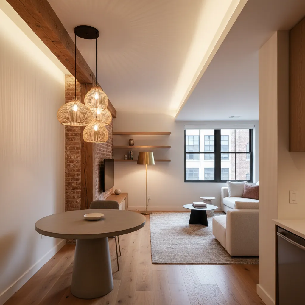 Sistema de iluminación en capas en un loft pequeño