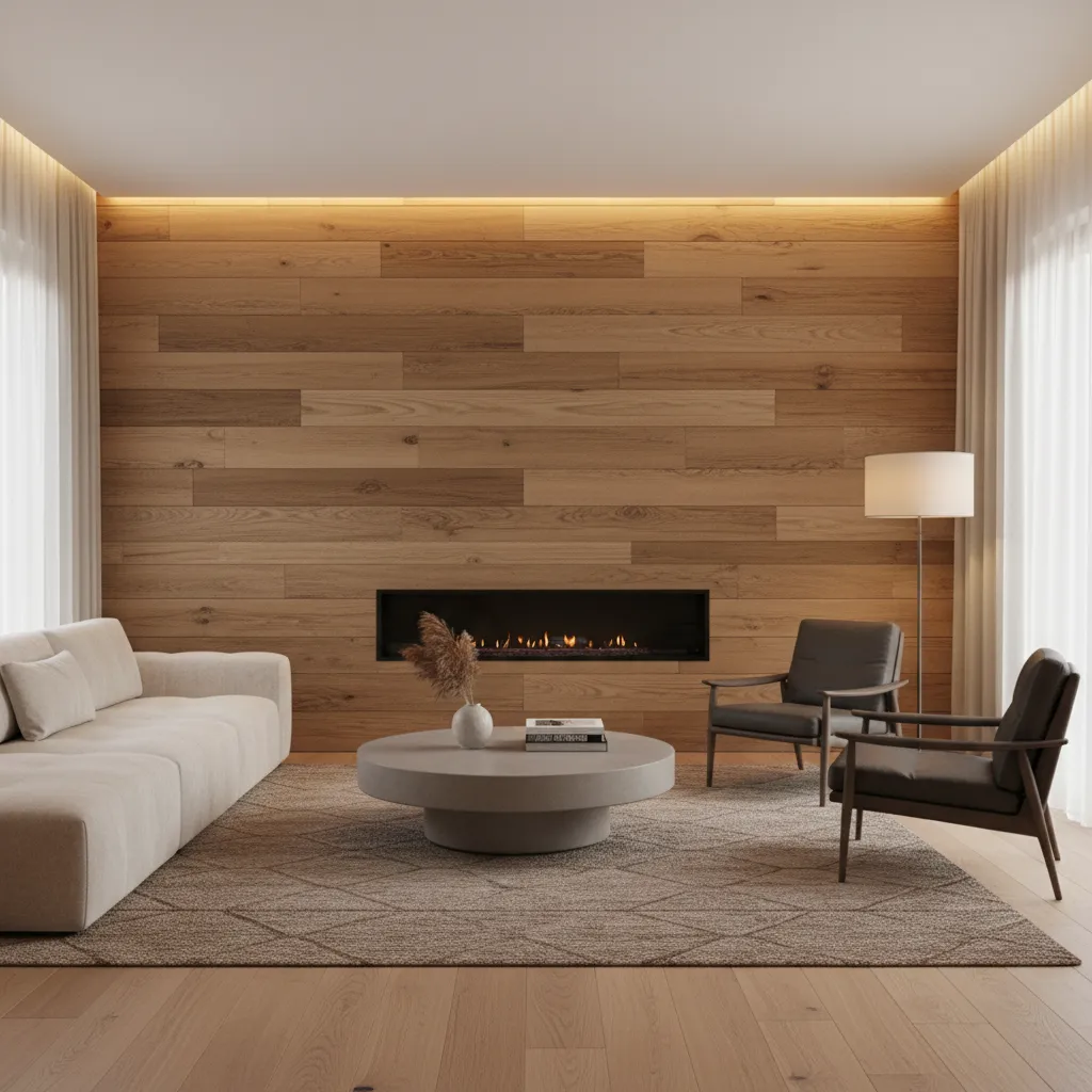Modern living room with horizontal wood wall panel fireplace white sofa two chairs and floor lamp