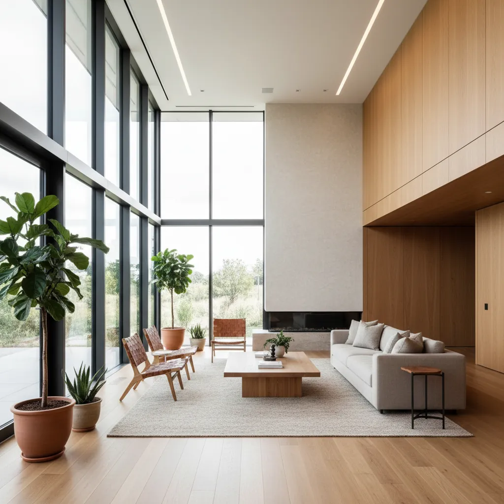 Interior de casa con grandes ventanas y abundante luz natural