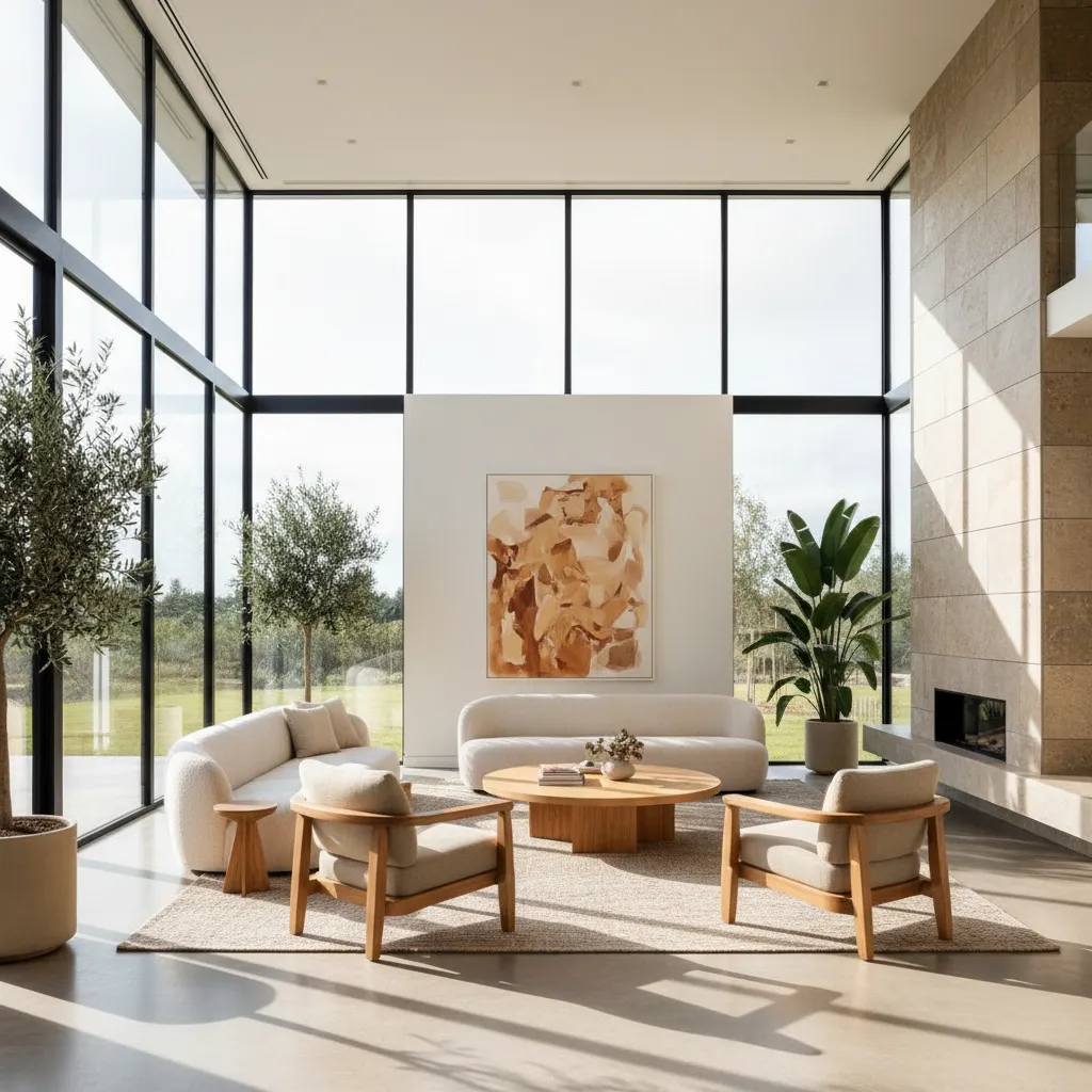 Bright living room with tall windows cream sofas wooden chairs round coffee table and art