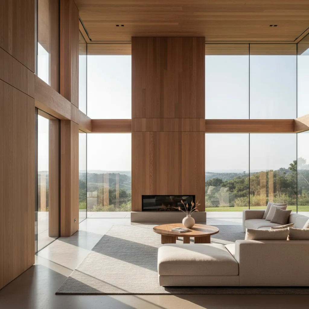 Interior de casa moderna con grandes ventanas y luz natural