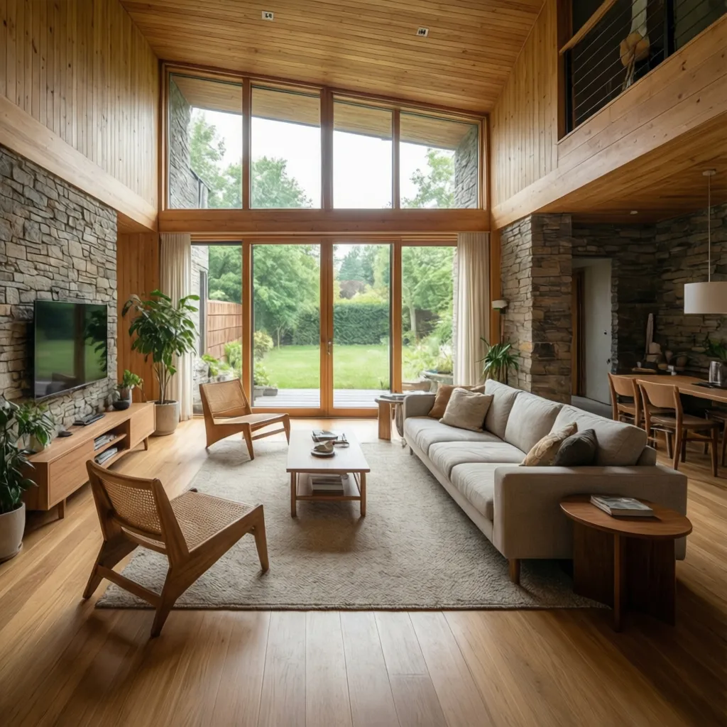 Interior luminoso de una casa de una planta con grandes ventanales