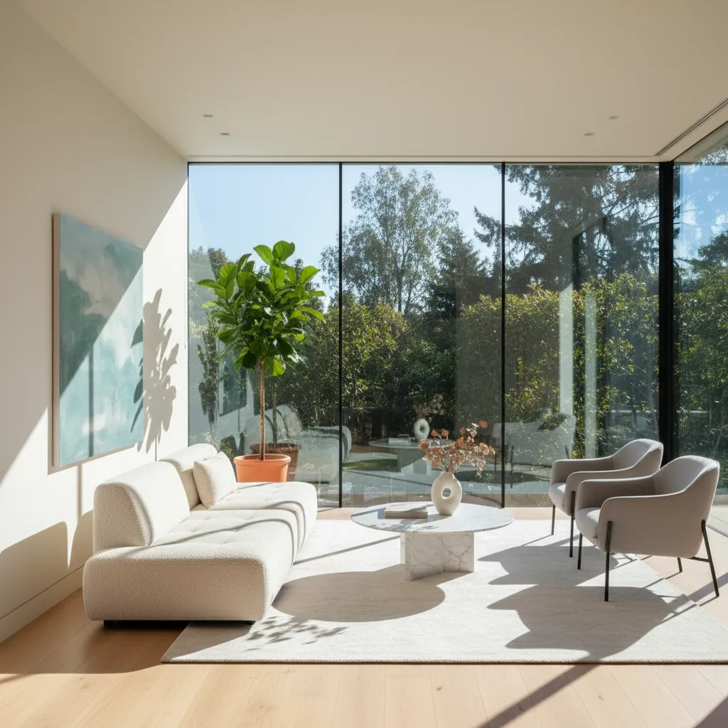 Interior luminoso con luz natural entrando por grandes ventanales