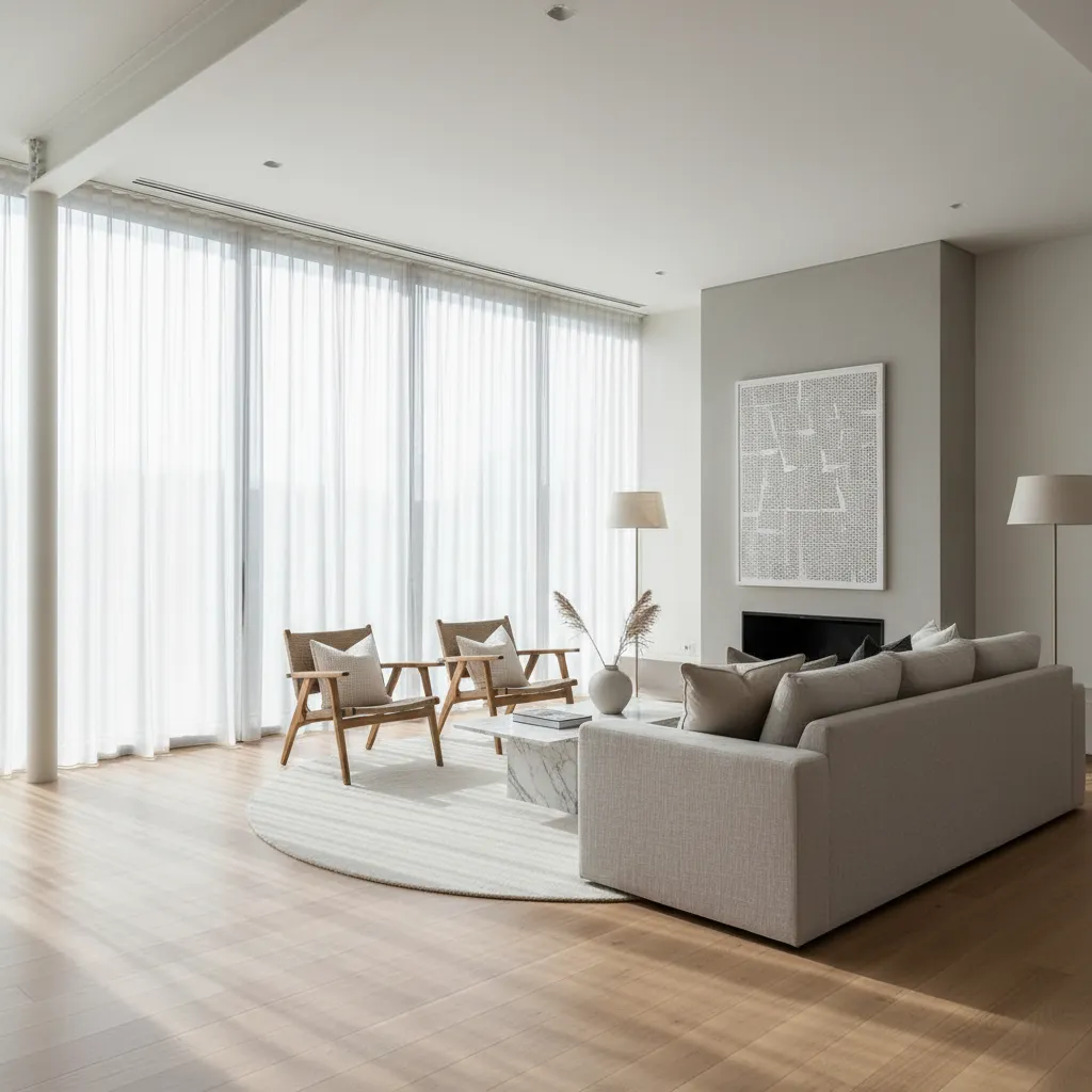 Salón contemporáneo iluminado por luz natural entrando por grandes ventanales