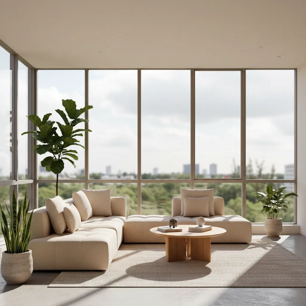 Bright living room with large windows beige sofa round coffee table plants and city view