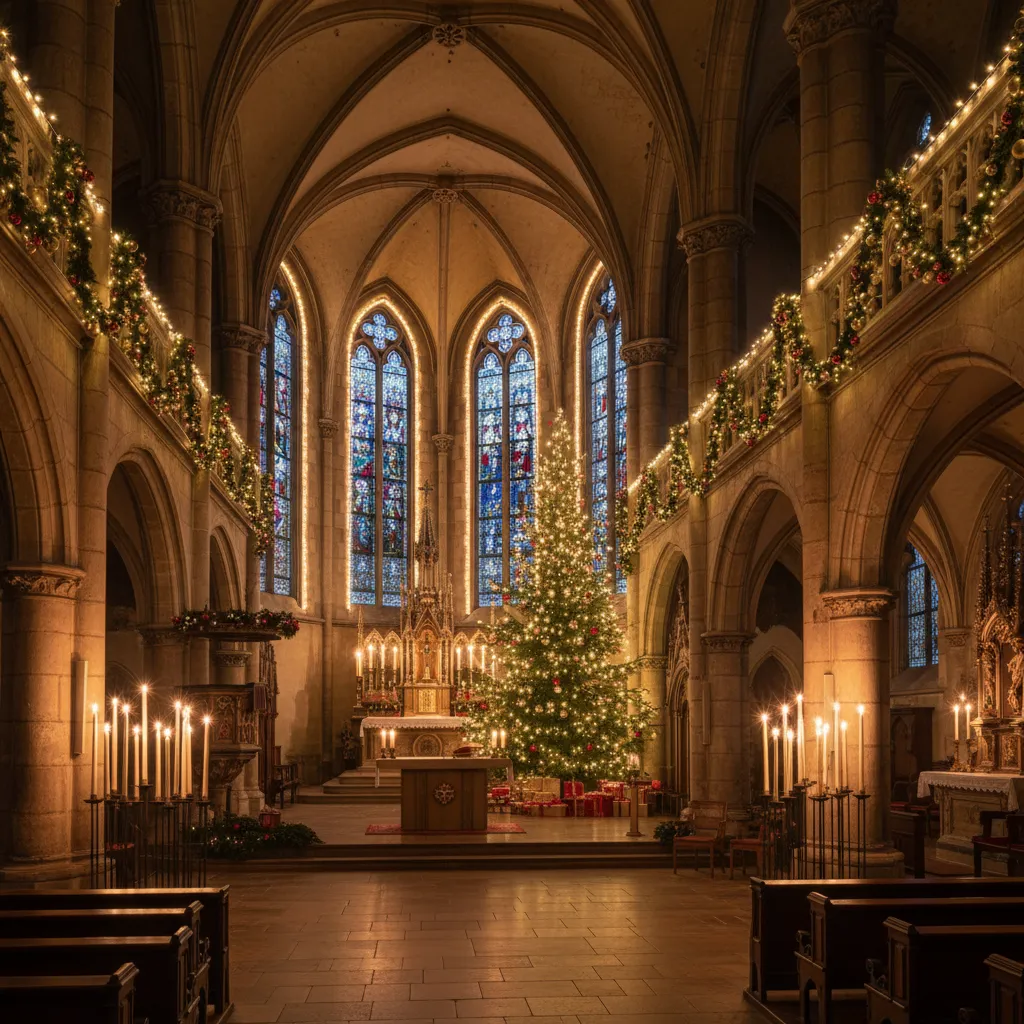 Interior de iglesia con iluminación cálida y velas navideñas