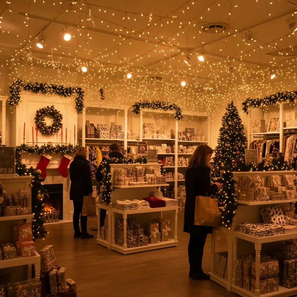 Iluminación navideña cálida dentro de una tienda con guirnaldas y luces suaves